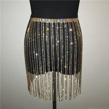 Load image into Gallery viewer, Glitter Rhinestone Long Tassel Skirts Gold Silver Crystal Diamonds Loose Adjustable Sexy Women Summer Beach Bikini Mini Skirt