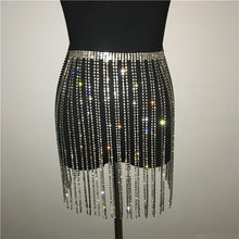 Load image into Gallery viewer, Glitter Rhinestone Long Tassel Skirts Gold Silver Crystal Diamonds Loose Adjustable Sexy Women Summer Beach Bikini Mini Skirt