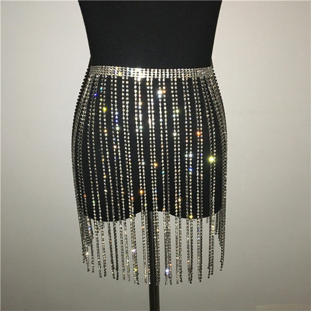 Glitter Rhinestone Long Tassel Skirts Gold Silver Crystal Diamonds Loose Adjustable Sexy Women Summer Beach Bikini Mini Skirt