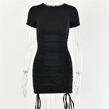 Load image into Gallery viewer, Women Pleated Drawstring Short Sleeve Skinny Mini Party Dress