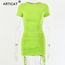 Load image into Gallery viewer, Women Pleated Drawstring Short Sleeve Skinny Mini Party Dress