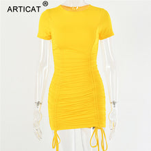 Load image into Gallery viewer, Women Pleated Drawstring Short Sleeve Skinny Mini Party Dress