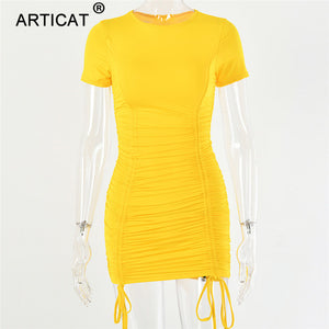 Women Pleated Drawstring Short Sleeve Skinny Mini Party Dress