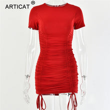 Load image into Gallery viewer, Women Pleated Drawstring Short Sleeve Skinny Mini Party Dress