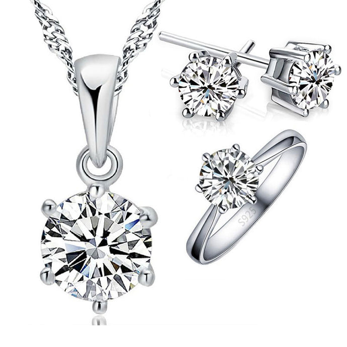 Sterling Silver Bridal Jewelry Sets For Women Cubic Zircon / Crystal Necklace & Rings Stud Earrings Set