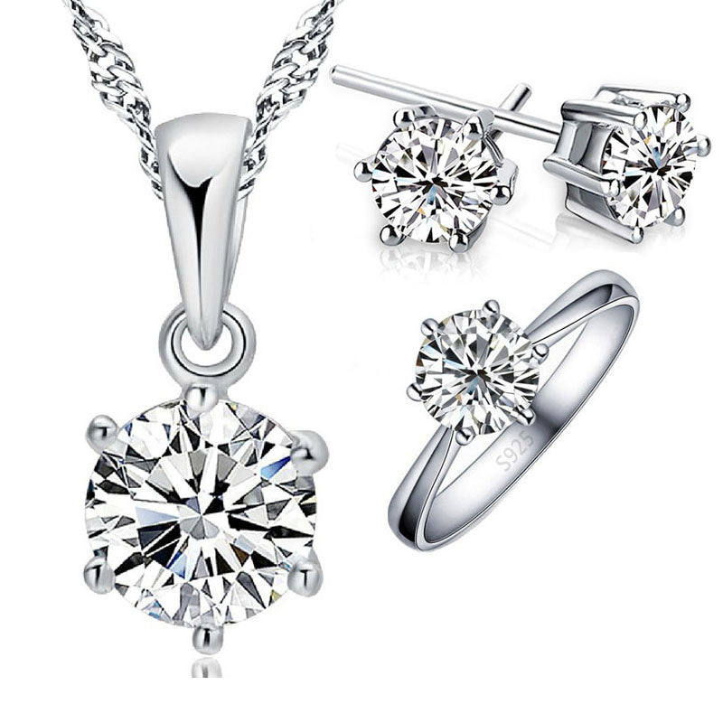 Sterling Silver Bridal Jewelry Sets For Women Cubic Zircon / Crystal Necklace & Rings Stud Earrings Set