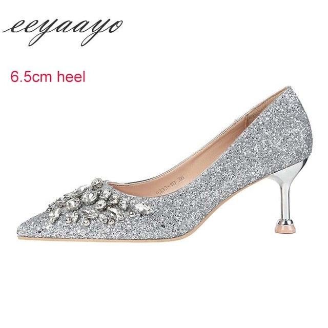 Women Pumps High Thin Heel Pointed Toe Crystal Bridal Wedding Shoes Gold High Heels