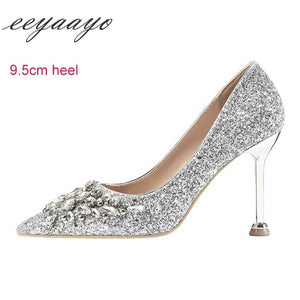 Women Pumps High Thin Heel Pointed Toe Crystal Bridal Wedding Shoes Gold High Heels