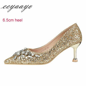 Women Pumps High Thin Heel Pointed Toe Crystal Bridal Wedding Shoes Gold High Heels