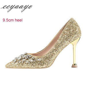 Women Pumps High Thin Heel Pointed Toe Crystal Bridal Wedding Shoes Gold High Heels