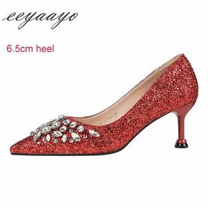 Women Pumps High Thin Heel Pointed Toe Crystal Bridal Wedding Shoes Gold High Heels