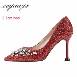 Women Pumps High Thin Heel Pointed Toe Crystal Bridal Wedding Shoes Gold High Heels