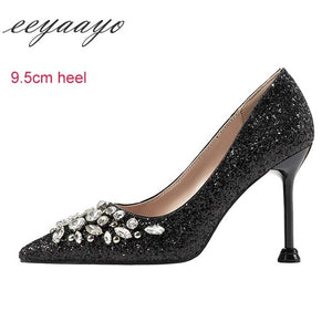 Women Pumps High Thin Heel Pointed Toe Crystal Bridal Wedding Shoes Gold High Heels