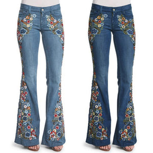 Women Embroidery Flowers Destroyed Flare Jeans Button Waist Bell Bottom Denim Pants