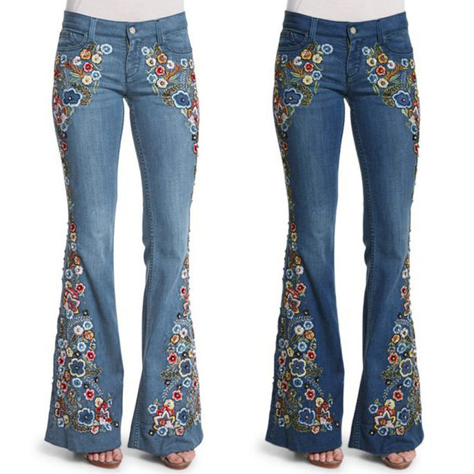 Women Embroidery Flowers Destroyed Flare Jeans Button Waist Bell Bottom Denim Pants