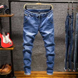 Skinny Jeans Men Zipper Fly Slim Fit Denim Joggers Stretch Male Jean Pencil Pants Blue Jeans