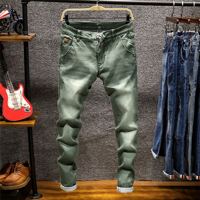 Skinny Jeans Men Zipper Fly Slim Fit Denim Joggers Stretch Male Jean Pencil Pants Blue Jeans