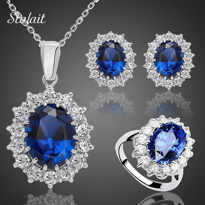 Blue Crystal Stone Wedding Jewelry Sets For Brides Silver Color Necklace Set For Women African Jewelry Sets & More