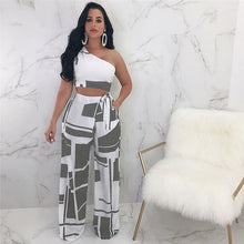 Load image into Gallery viewer, New Arrival 2019 Summer Two Piece Set Women One Shoulder High Waist Wide Leg Pants Printed Vintage Ladies Matching Set Outfits