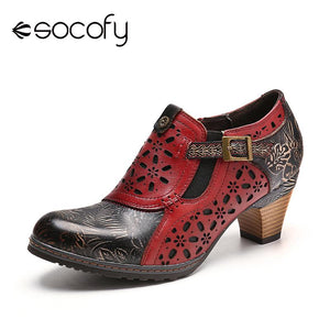 SOCOFY Retro Boots Embossed Genuine Leather Splicing Hollow Zipper Pumps Ladies Shoes Women Botines Mujer 2020