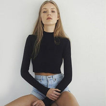 Load image into Gallery viewer, Women Slim Shirt Turtleneck Elastic Crop Tops Long Sleeve Short T-Shirt Short Casual Black T-shirts
