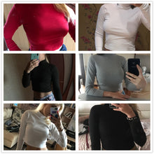 Load image into Gallery viewer, Women Slim Shirt Turtleneck Elastic Crop Tops Long Sleeve Short T-Shirt Short Casual Black T-shirts