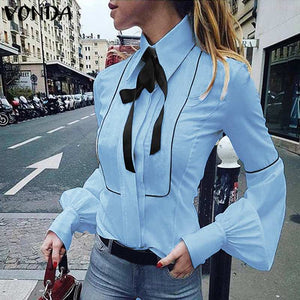 Ladies Office Shirt 2019 Autumn Blouse Women Sexy Lantern Sleeve Turn-down Collar Shirt Casual Tops