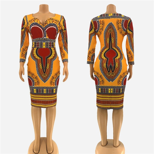 Upscale Women Dashiki Print Ethnic Fashion V-neck Dress Robe Party