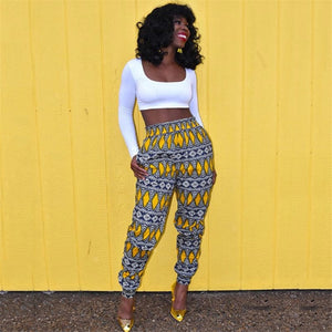 Ladies Clothes Autumn Dashiki Print Elastic Waist Pants