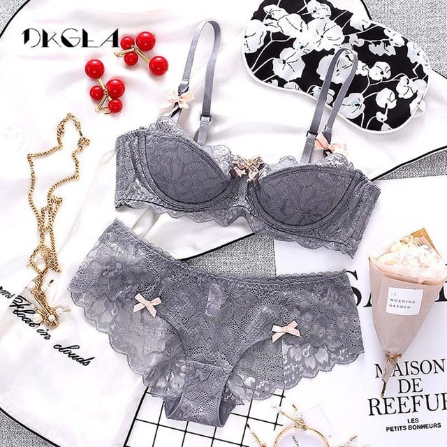 Fashion Sexy Bra Sets Plus Size C D Cup Thin Cotton Underwear Women Set Lace Comfortable Brassiere Gray Bras Embroidery Lingerie