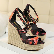 Load image into Gallery viewer, Women Summer 13cm High Heels Wedges Platform Silk Sandals Fetish Luxury Design Pumps Female Satin Strap Heels 2020 Summer Shoes