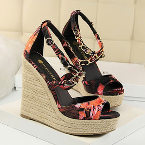 Women Summer 13cm High Heels Wedges Platform Silk Sandals Fetish Luxury Design Pumps Female Satin Strap Heels 2020 Summer Shoes