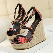 Load image into Gallery viewer, Women Summer 13cm High Heels Wedges Platform Silk Sandals Fetish Luxury Design Pumps Female Satin Strap Heels 2020 Summer Shoes