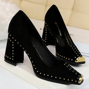 Women Pumps Rivet Metal Heels Women Shoes Flock Sexy Square Heels Shoes