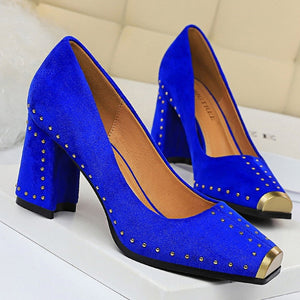 Women Pumps Rivet Metal Heels Women Shoes Flock Sexy Square Heels Shoes