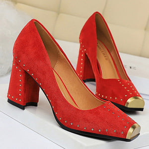 Women Pumps Rivet Metal Heels Women Shoes Flock Sexy Square Heels Shoes