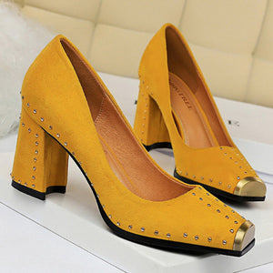 Women Pumps Rivet Metal Heels Women Shoes Flock Sexy Square Heels Shoes