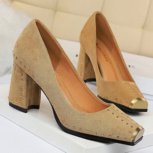 Women Pumps Rivet Metal Heels Women Shoes Flock Sexy Square Heels Shoes