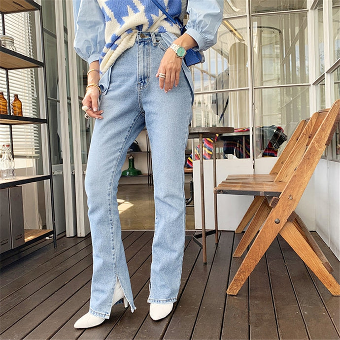 Women High Waist Denim Side Split Vintage Straight Jeans