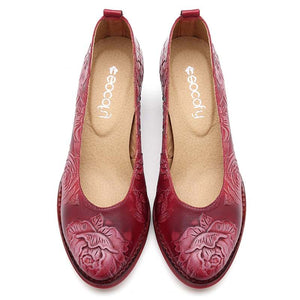 Socofy Vintage Flower Embossed Pumps Women Red Genuine Leather Shoes Woman Block High Heel Pumps Women Retro Ladies Shoes New