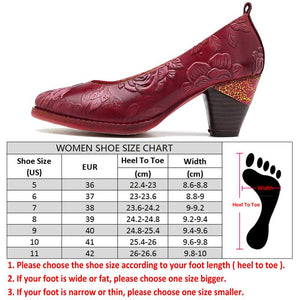 Socofy Vintage Flower Embossed Pumps Women Red Genuine Leather Shoes Woman Block High Heel Pumps Women Retro Ladies Shoes New