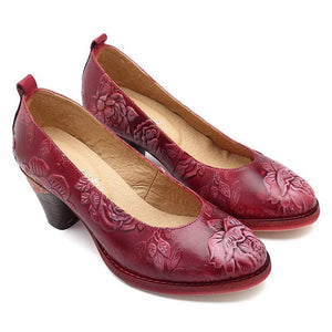 Socofy Vintage Flower Embossed Pumps Women Red Genuine Leather Shoes Woman Block High Heel Pumps Women Retro Ladies Shoes New