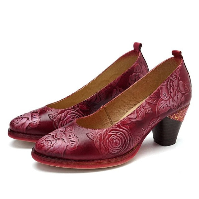 Socofy Vintage Flower Embossed Pumps Women Red Genuine Leather Shoes Woman Block High Heel Pumps Women Retro Ladies Shoes New