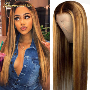 13*4 Straight Lace Front Human Hair Wigs Pre Plucked With Baby Hair Ombre Honey Blond Highlights Brazilian Remy Lace Front Wigs