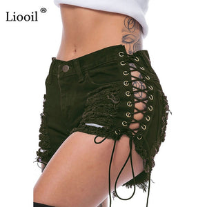 Women Sexy Club Skinny Lace Up Mid Waist Hole Rivet Button Fly Black Short Jeans