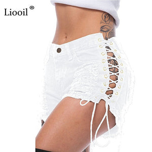 Women Sexy Club Skinny Lace Up Mid Waist Hole Rivet Button Fly Black Short Jeans