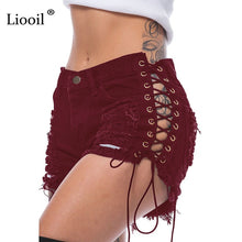 Load image into Gallery viewer, Women Sexy Club Skinny Lace Up Mid Waist Hole Rivet Button Fly Black Short Jeans