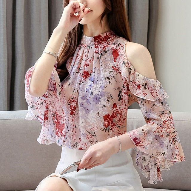 Women Floral Chiffon Blouse Ruffles Stand Butterfly Sleeve Blouse Top