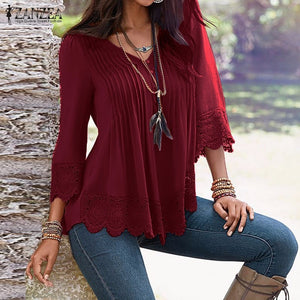 Elegant Lace Blouses Shirts Sexy V Neck Casual 3/4 Sleeve Asymmetrical Solid Tops