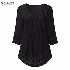 Elegant Lace Blouses Shirts Sexy V Neck Casual 3/4 Sleeve Asymmetrical Solid Tops